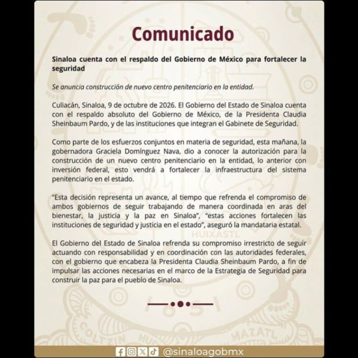 Anuncian construcción de nuevo centro penitenciario en Sinaloa con inversión federal