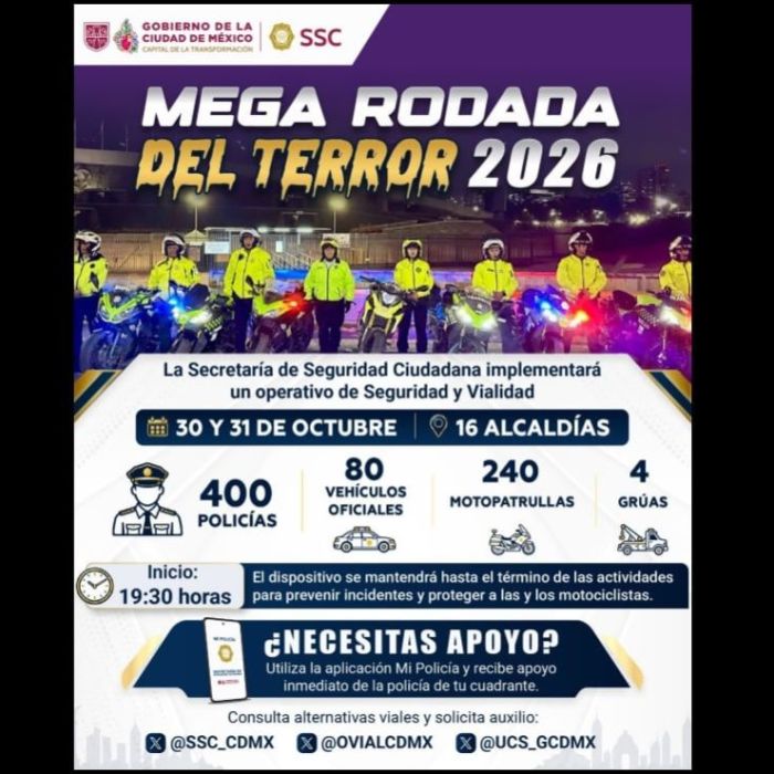 Desplegarán a 400 policías por la “Mega Rodada del Terror 2026” en CDMX